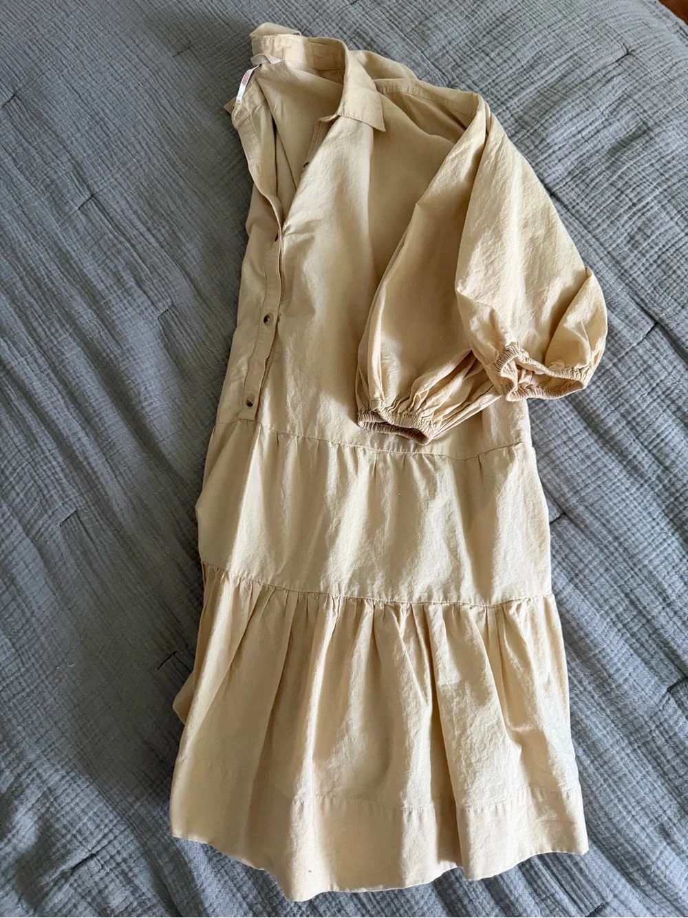 Free People Misha Mini Dress Tan Tiered Button-Front Balloon Sleeve Size L